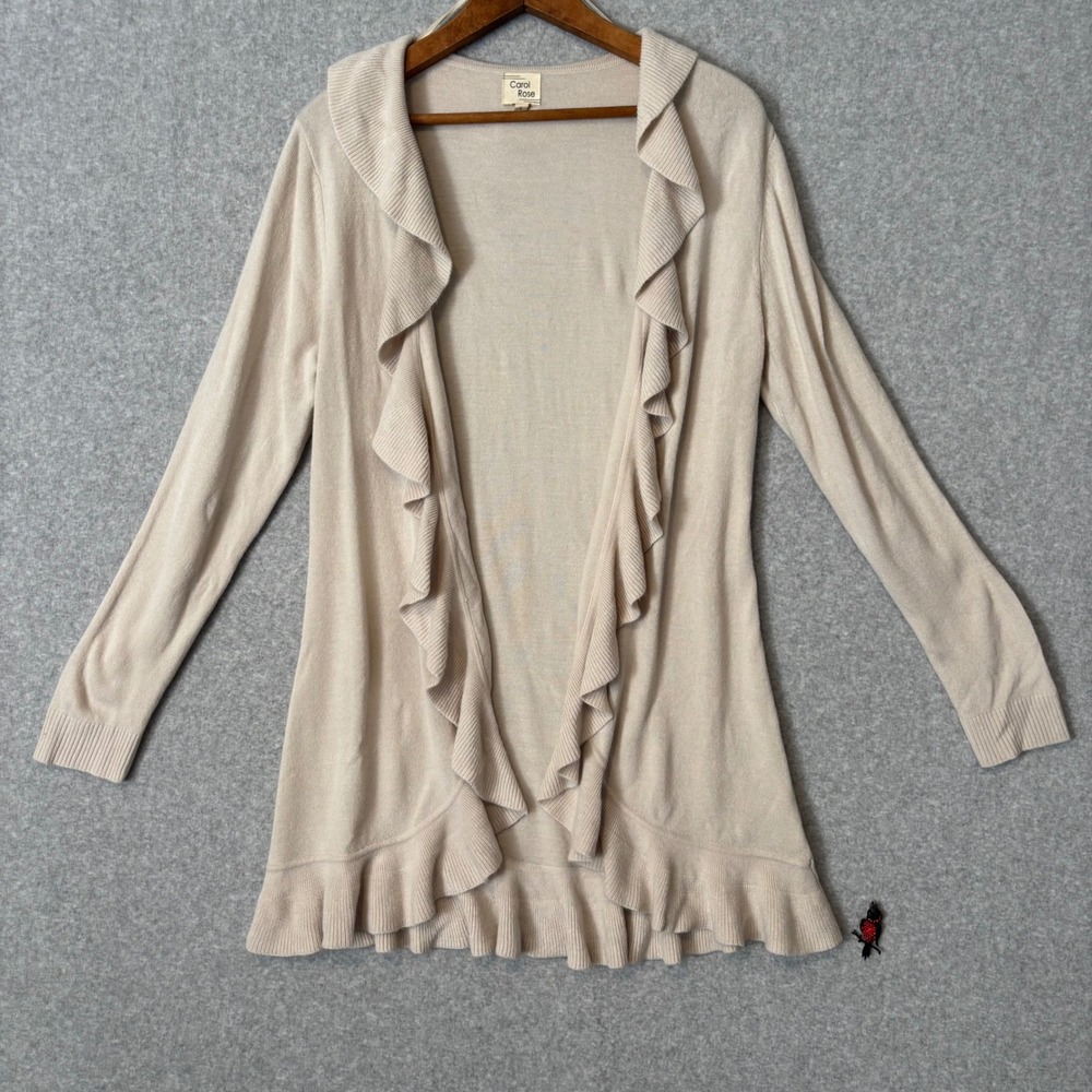 Carol‎ Rose Womens Large Ruffle Open Front Cardigan Oatmeal Beige Knit Sweater